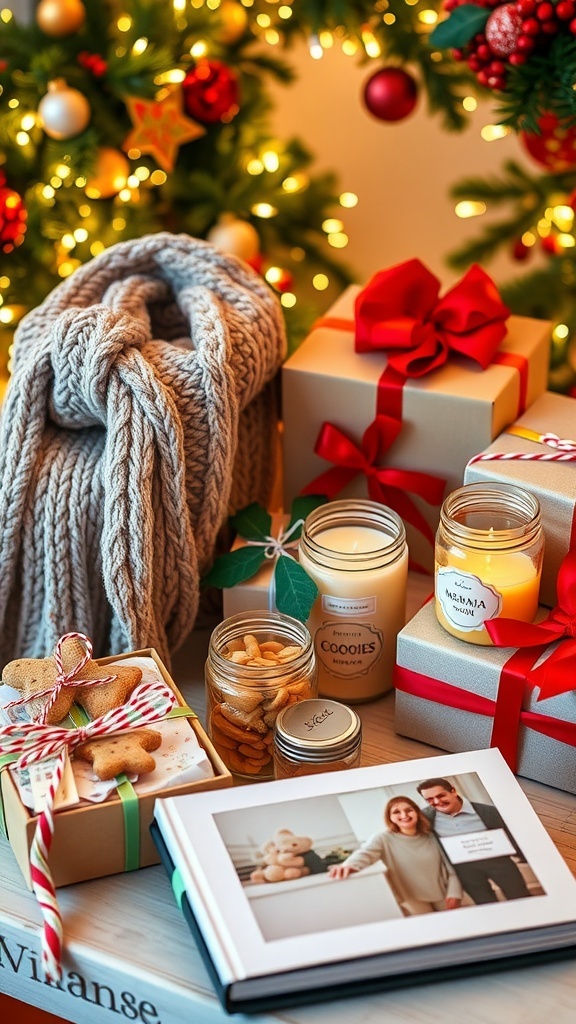 Handmade Christmas Gift Ideas A collection of handmade Christmas gifts including a scarf, candles, cookies, and a photo album, set in a festive setting.